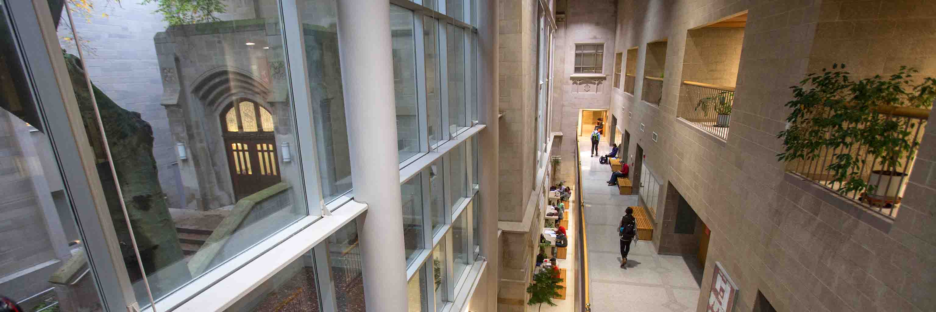 A hallway and courtyard in the Chemistry Building