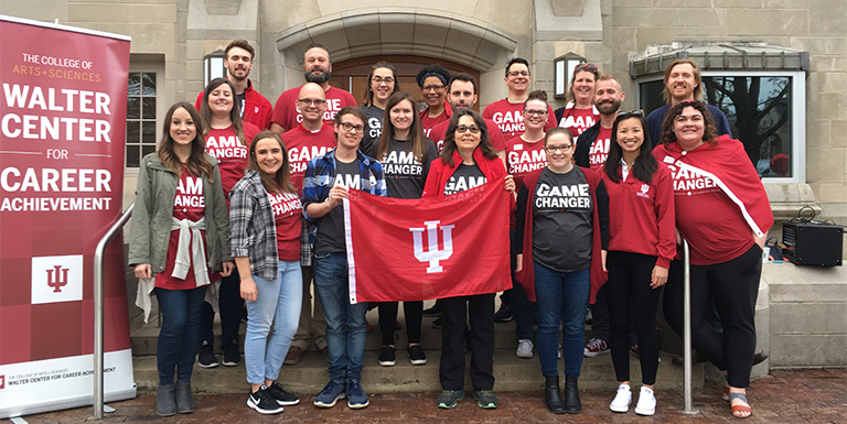 The Walter Center team posing on the steps of Ernie Pyle Hall on IU Day.