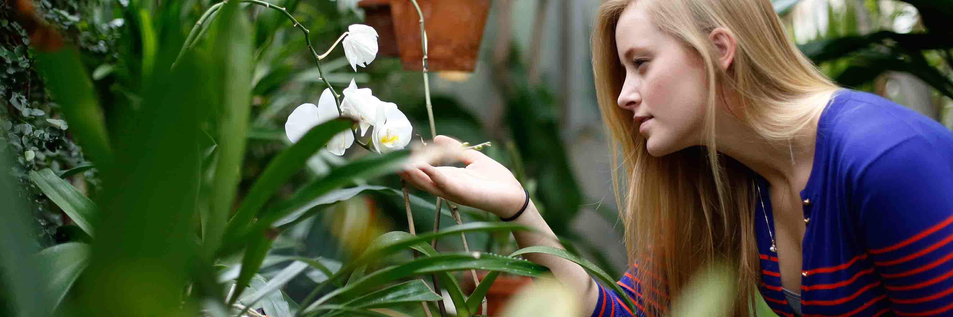 A young woman examines a flower.
